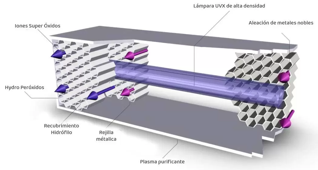 Esquema de la célula RCI: lámpara UV de alta intensidad dentro de un catalizador en forma de panal